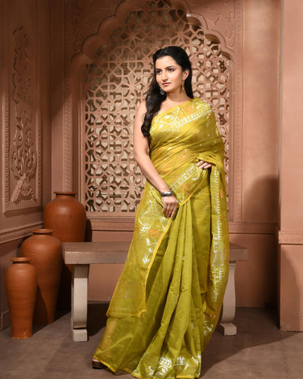 dB DESH BIDESH Women's Soft Cotton Silk Jamdani Sarees For Women for Party, Wear Linen Silk Saree Zarikatha Design Cotton saree for woman Without Blouse piece (Olive)