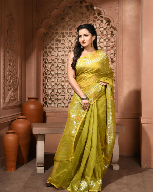 dB DESH BIDESH Women's Soft Cotton Silk Jamdani Sarees For Women for Party, Wear Linen Silk Saree Zarikatha Design Cotton saree for woman Without Blouse piece (Olive)