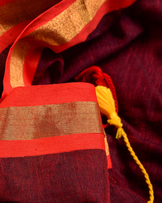 dB DESH BIDESH Women`s Mul Cotton Sarees Soft Zari Fancy Roshni Latest, Design Party, Wear Cotton Silk Saree For Woman With Blouse Piece (Canberry Red Golden)