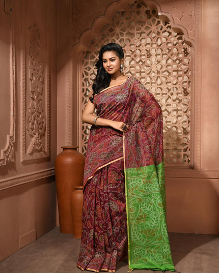 dB DESH BIDESH Women`s Cotton Saree For Woman Nakshakata Flower Kolka Leaf Embroidery Printed Trendy Soft Cotton Silk Women Sarees with Blouse Piece (Reddis Brown Green)