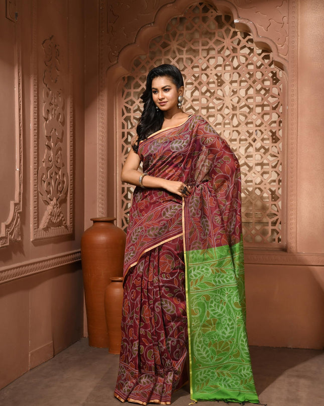 dB DESH BIDESH Women`s Cotton Saree For Woman Nakshakata Flower Kolka Leaf Embroidery Printed Trendy Soft Cotton Silk Women Sarees with Blouse Piece (Reddis Brown Green)