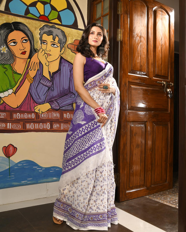 dB DESH BIDESH Women`s Cotton Saree for Woman | Saree for Woman Cotton Blend Kalpataru Printed Traditional Sari for Farewell Office Daily Wear with Blouse Piece (White Purple)