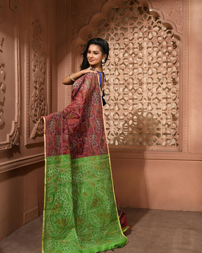 dB DESH BIDESH Women`s Cotton Saree For Woman Nakshakata Flower Kolka Leaf Embroidery Printed Trendy Soft Cotton Silk Women Sarees with Blouse Piece (Reddis Brown Green)