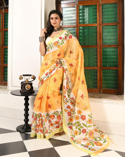 dB DESH BIDESH Women`s Cotton Saree For Woman Latest, Phoolbagan Printed Trendy Soft Cotton Silk Women Sarees with Blouse Piece (Yellow White)
