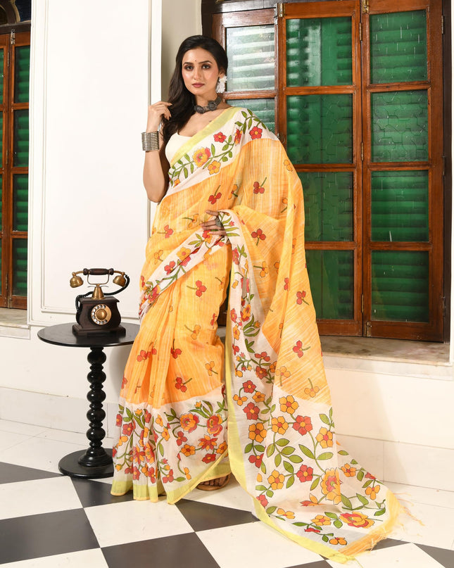dB DESH BIDESH Women`s Cotton Saree For Woman Latest, Phoolbagan Printed Trendy Soft Cotton Silk Women Sarees with Blouse Piece (Yellow White)