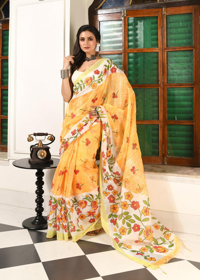 dB DESH BIDESH Women`s Cotton Saree For Woman Latest, Phoolbagan Printed Trendy Soft Cotton Silk Women Sarees with Blouse Piece (Yellow White)
