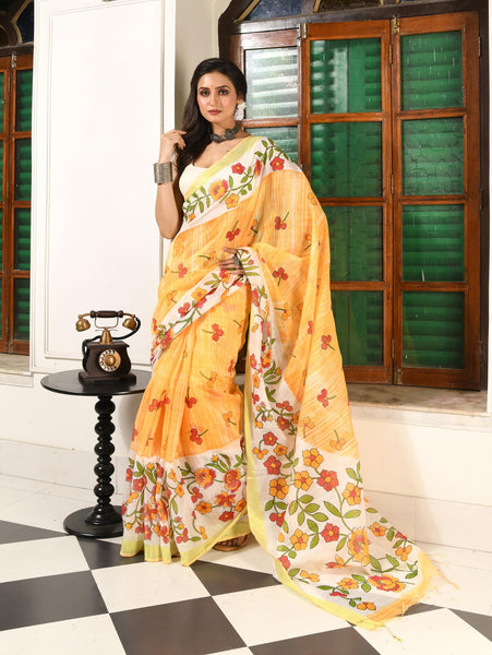 dB DESH BIDESH Women`s Cotton Saree For Woman Latest, Phoolbagan Printed Trendy Soft Cotton Silk Women Sarees with Blouse Piece (Yellow White)