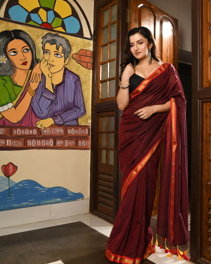 dB DESH BIDESH Women`s Mul Cotton Sarees Soft Zari Fancy Roshni Latest, Design Party, Wear Cotton Silk Saree For Woman With Blouse Piece (Canberry Red Golden)