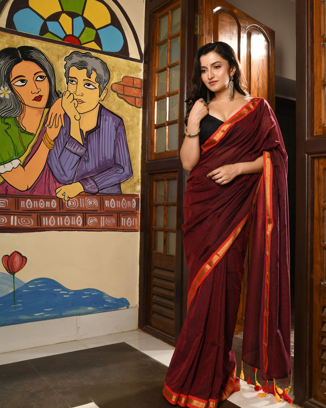 dB DESH BIDESH Women`s Mul Cotton Sarees Soft Zari Fancy Roshni Latest, Design Party, Wear Cotton Silk Saree For Woman With Blouse Piece (Canberry Red Golden)