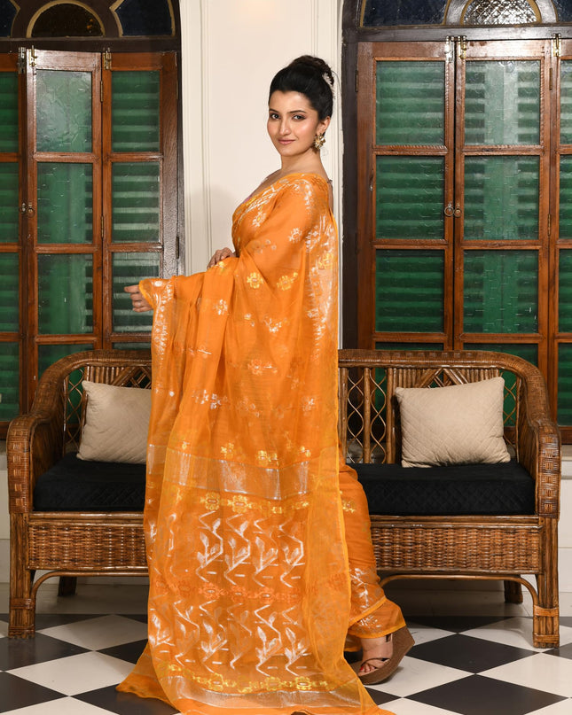 dB DESH BIDESH Women's Soft Cotton Silk Jamdani Sarees For Women for Party, Wear Linen Silk Saree Zarikatha Design Cotton saree for woman Without Blouse piece (Orange)
