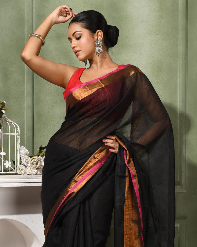 dB DESH BIDESH Women`s Cotton Silk ajrakh Saree with Gold Zari Border RoopZari Trendy Cotton Soft Silk Saree | Saree for Woman (Black Saree)