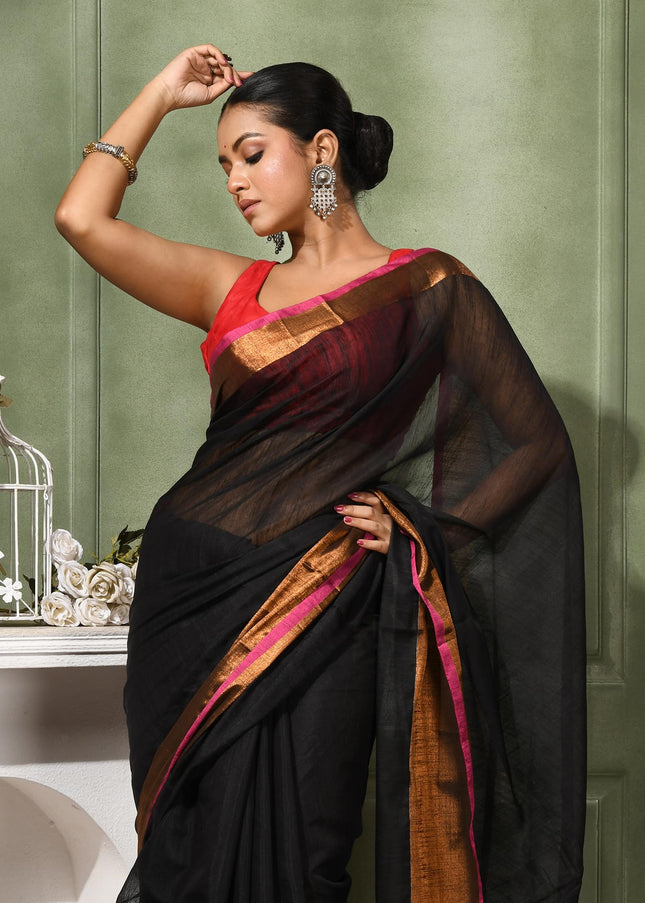 dB DESH BIDESH Women`s Cotton Silk ajrakh Saree with Gold Zari Border RoopZari Trendy Cotton Soft Silk Saree | Saree for Woman (Black Saree)