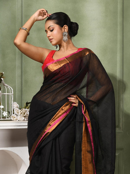dB DESH BIDESH Women`s Cotton Silk ajrakh Saree with Gold Zari Border RoopZari Trendy Cotton Soft Silk Saree | Saree for Woman (Black Saree)