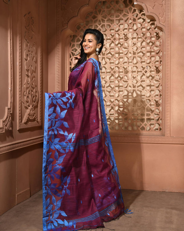 dB DESH BIDESH Women`s Cotton Linen Saree with Unstitched Blouse Piece and Floral Printed Pattern | Women Saree for Special Occasion | Stylish Fancy Cotton Silk Sarees (Wine Red)