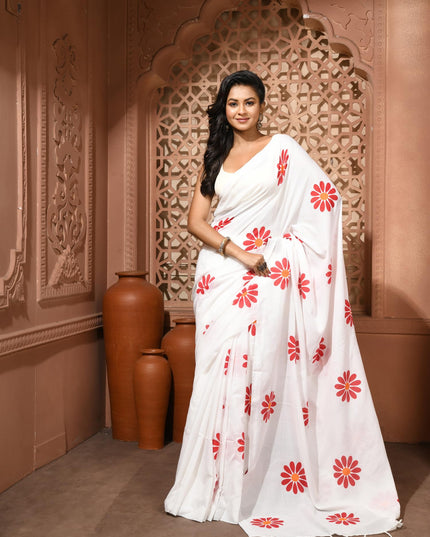 dB DESH BIDESH Women`s Mul Cotton Sarees Soft Fancy Phoolpari Latest, Design Party, Wear Cotton New Linen Saree For Woman With Blouse Piece (White)