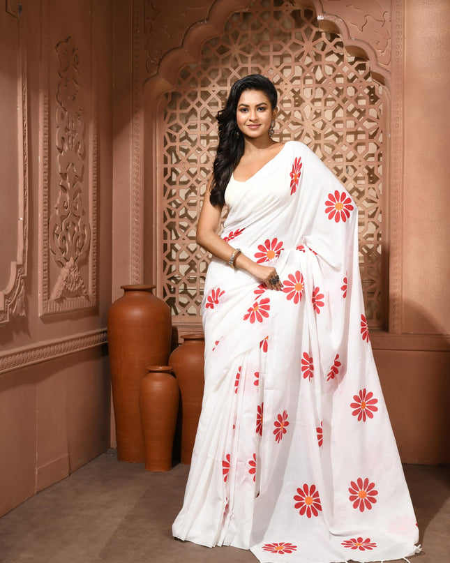 dB DESH BIDESH Women`s Mul Cotton Sarees Soft Fancy Phoolpari Latest, Design Party, Wear Cotton New Linen Saree For Woman With Blouse Piece (White)