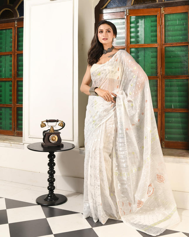 dB DESH BIDESH Women's Soft Cotton Silk Jamdani Sarees For Women for Party Festival Wedding Silk Saree GlamQueen Gold Work Design Without Blouse piece (White Saree)