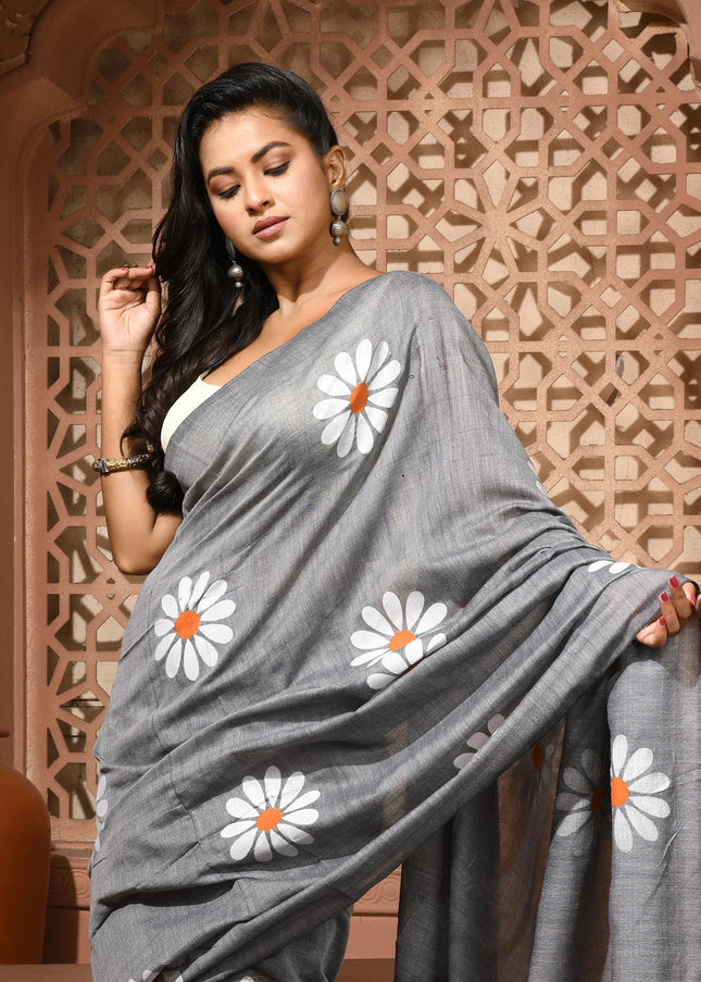 dB DESH BIDESH Women`s Mul Cotton Sarees Soft Fancy Phoolpari Latest, Design Party, Wear Cotton New Linen Saree For Woman With Blouse Piece (Grey)