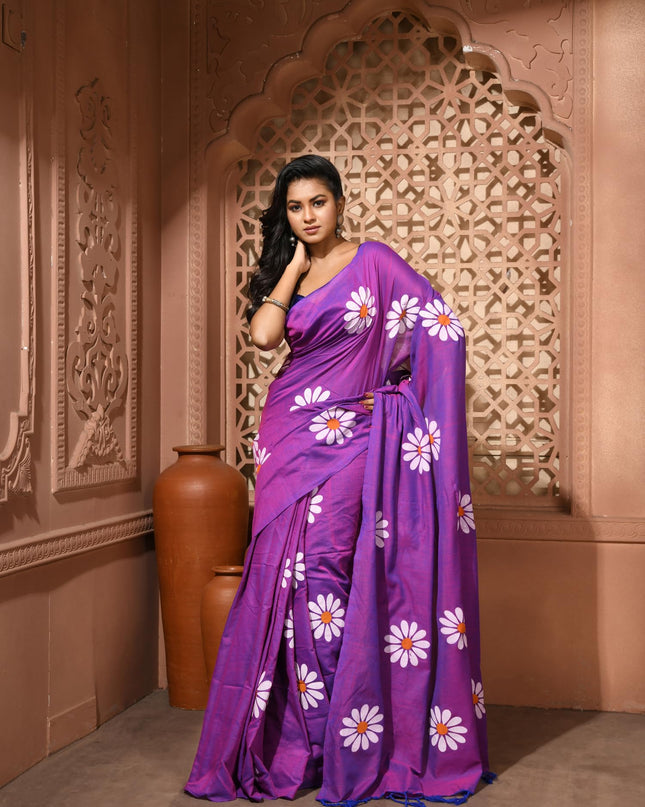 dB DESH BIDESH Women`s Mul Cotton Sarees Soft Fancy Phoolpari Latest, Design Party, Wear Cotton New Linen Saree For Woman With Blouse Piece (Purple)