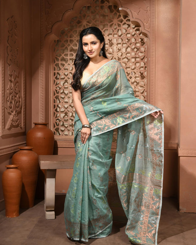 dB DESH BIDESH Women's Soft Cotton Silk Jamdani Sarees For Women for Party, Wear Linen Silk Saree Zarikatha Design Cotton saree for woman Without Blouse piece (Dark Firoza)