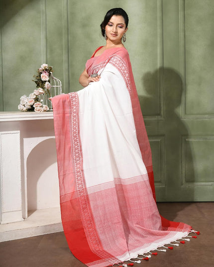 dB DESH BIDESH Women`s Soft Cotton Saree For Women Lal Pallavi Design Red White Bengal Festival Pure Handloom Cotton silk saree for woman With Blouse Piece
