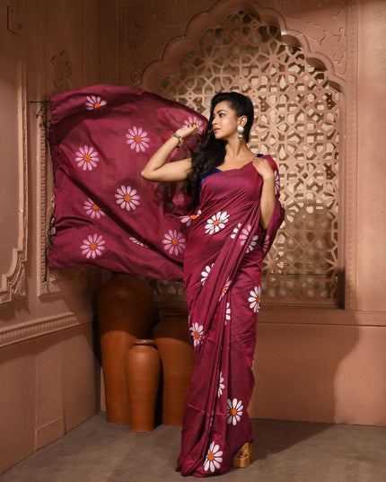 dB DESH BIDESH Women`s Mul Cotton Sarees Soft Fancy Phoolpari Latest, Design Party, Wear Cotton New Linen Saree For Woman With Blouse Piece (Wine)