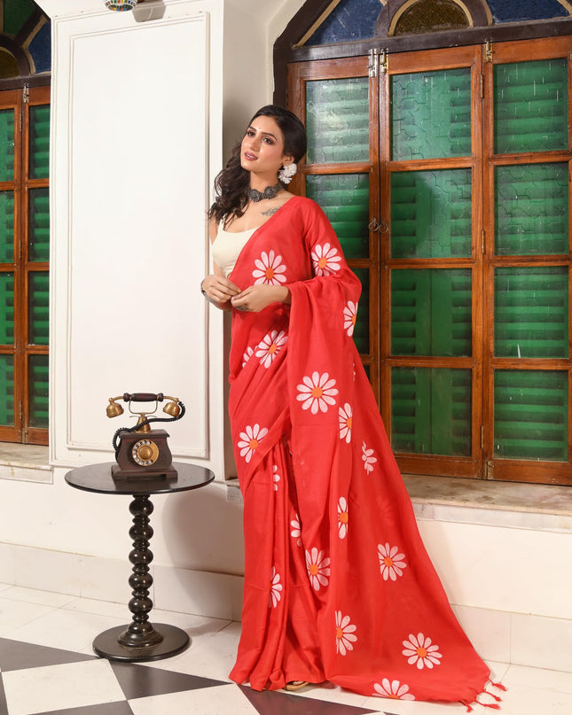 dB DESH BIDESH Women`s Mul Cotton Sarees Soft Fancy Phoolpari Latest, Design Party, Wear Cotton New Linen Saree For Woman With Blouse Piece (Red)