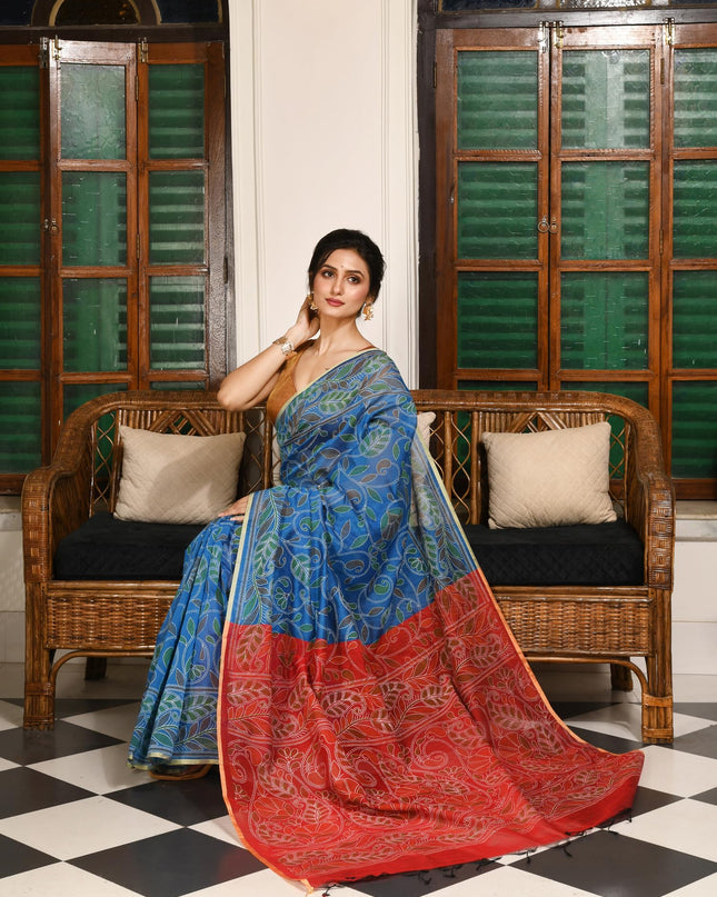 dB DESH BIDESH Women`s Cotton Saree For Woman Nakshakata Flower Kolka Leaf Embroidery Printed Trendy Soft Cotton Silk Women Sarees with Blouse Piece (Blue Red)