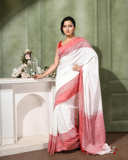 dB DESH BIDESH Women`s Soft Cotton Saree For Women Lal Pallavi Design Red White Bengal Festival Pure Handloom Cotton silk saree for woman With Blouse Piece