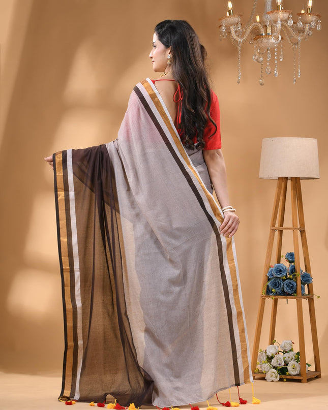 dB DESH BIDESH Women`s Mul Cotton Sarees Soft Zari Fancy Roshni Latest, Design Party, Wear Cotton Silk Saree For Woman With Blouse Piece (Grey Brown Golden)