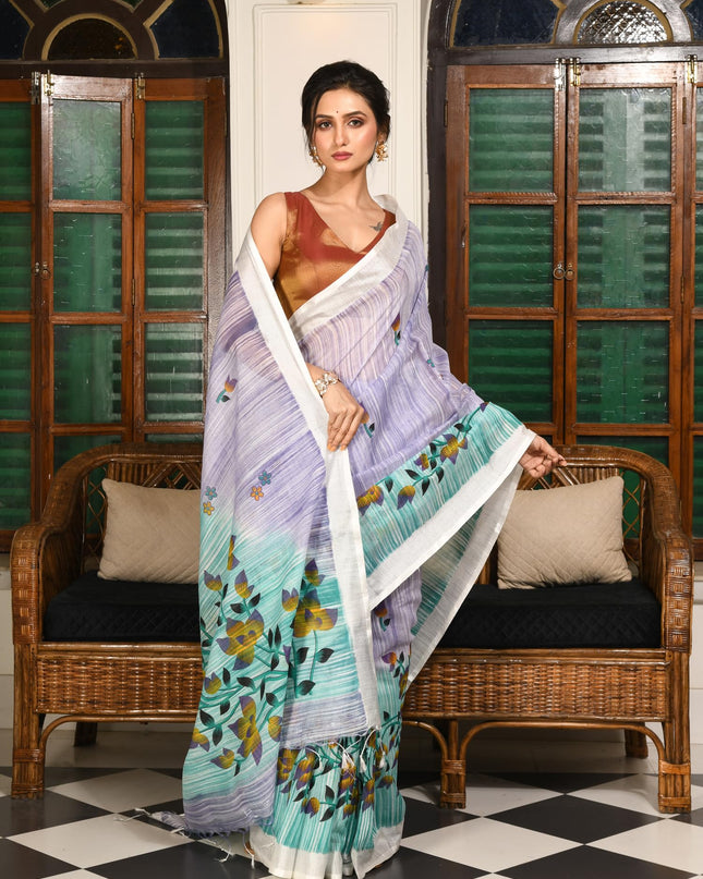 dB DESH BIDESH Women`s Cotton Saree For Woman Latest, Phoolbagan Printed Trendy Soft Cotton Silk Women Sarees with Blouse Piece (Mint Green Lavender)
