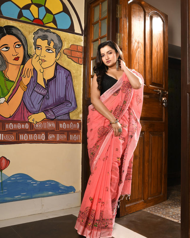 dB DESH BIDESH Women`s Cotton Saree for Woman | Saree for Woman Cotton Blend Tribal Mandala Printed Traditional Sari for Farewell Office Daily Wear with Blouse Piece (Pink)