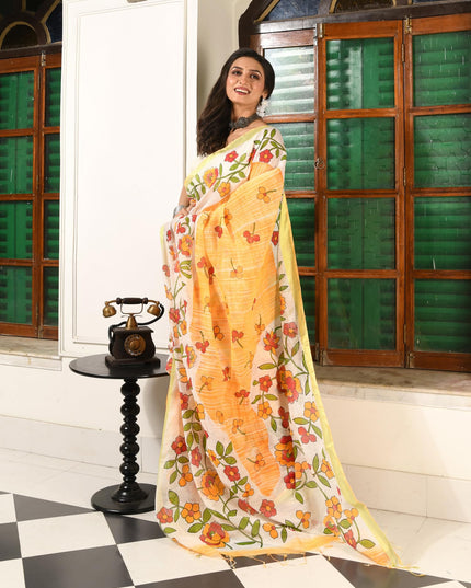 dB DESH BIDESH Women`s Cotton Saree For Woman Latest, Phoolbagan Printed Trendy Soft Cotton Silk Women Sarees with Blouse Piece (Yellow White)