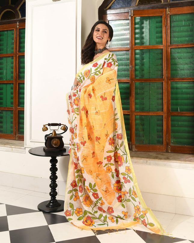 dB DESH BIDESH Women`s Cotton Saree For Woman Latest, Phoolbagan Printed Trendy Soft Cotton Silk Women Sarees with Blouse Piece (Yellow White)