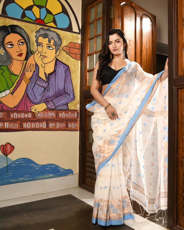 dB DESH BIDESH Women`s Cotton Silk Saree with Gold Zari Floral Woven Svarna Lata Design Soft Modal Silk Women Saree With Blouse Piece | Sari for women (White)