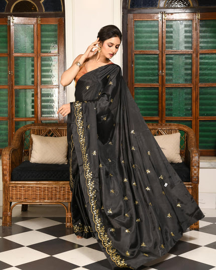 dB DESH BIDESH Women's Satin Silk Embroidery Work Saree with Designer Border for Festive and Traditional Ethnic Drape Saree Party, Wear Soft Silk Butterfly Shokhi Design Sarees