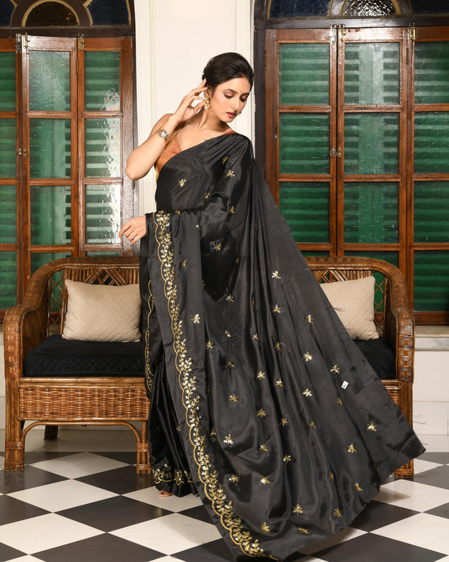 dB DESH BIDESH Women's Satin Silk Embroidery Work Saree with Designer Border for Festive and Traditional Ethnic Drape Saree Party, Wear Soft Silk Butterfly Shokhi Design Sarees