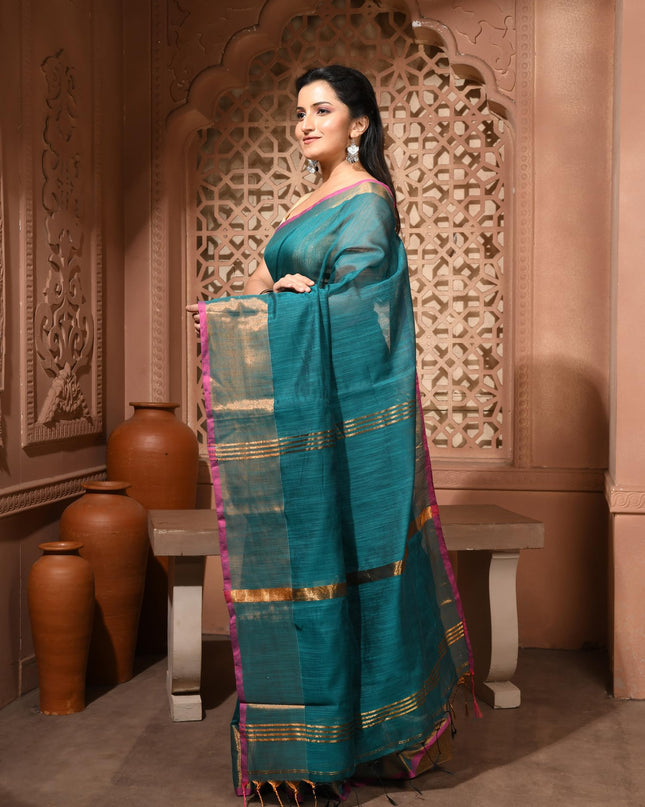 dB DESH BIDESH Women`s Cotton Silk ajrakh Saree with Gold Zari Border RoopZari Trendy Cotton Soft Silk Saree | Saree for Woman (Teal Green)
