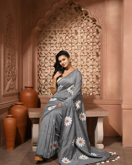 dB DESH BIDESH Women`s Mul Cotton Sarees Soft Fancy Phoolpari Latest, Design Party, Wear Cotton New Linen Saree For Woman With Blouse Piece (Grey)