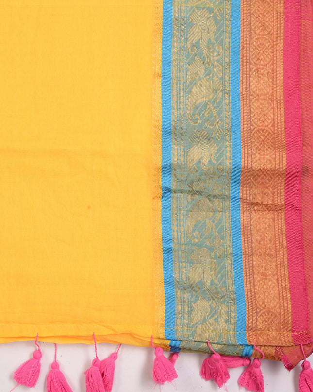 dB DESH BIDESH Women's Kanjivaram Soft Cotton Linen Silk Saree Rajrani Design Latest, Fancy South India Style Saree With Blouse Piece (Yellow Saree)