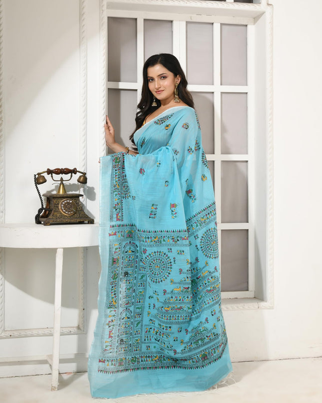 dB DESH BIDESH Women`s Cotton Saree for Woman | Saree for Woman Cotton Blend Tribal Mandala Printed Traditional Sari for Farewell Office Daily Wear with Blouse Piece (Sky Blue)
