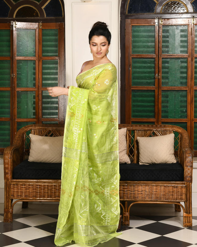 dB DESH BIDESH Women's Soft Cotton Silk Jamdani Sarees For Women for Party, Wear Linen Silk Saree Zarikatha Design Cotton saree for woman Without Blouse piece (Lemon Green)