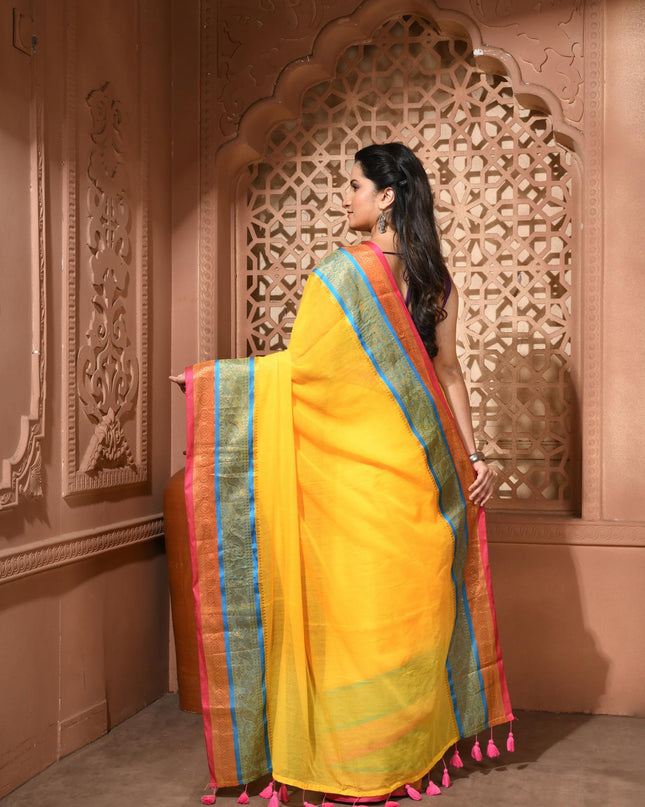 dB DESH BIDESH Women's Kanjivaram Soft Cotton Linen Silk Saree Rajrani Design Latest, Fancy South India Style Saree With Blouse Piece (Yellow Saree)