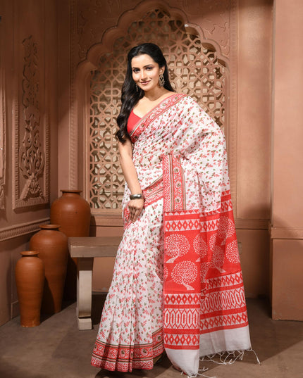 dB DESH BIDESH Women`s Cotton Saree for Woman | Saree for Woman Cotton Blend Kalpataru Printed Traditional Sari for Farewell Office Daily Wear with Blouse Piece (White Red)