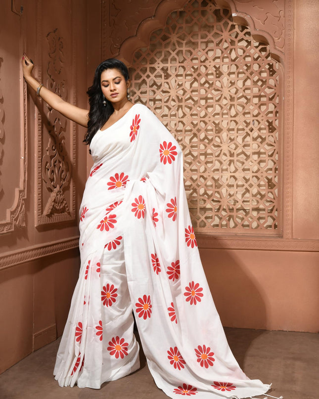 dB DESH BIDESH Women`s Mul Cotton Sarees Soft Fancy Phoolpari Latest, Design Party, Wear Cotton New Linen Saree For Woman With Blouse Piece (White)