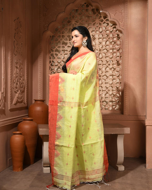 dB DESH BIDESH Women`s Cotton Silk Saree For Woman Pahar Pallav Design New Soft Kalyani Cotton Saree with Zari Border Tassels & Blouse Piece (Yellow Red)