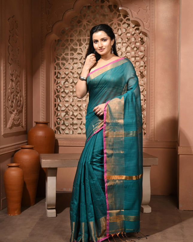 dB DESH BIDESH Women`s Cotton Silk ajrakh Saree with Gold Zari Border RoopZari Trendy Cotton Soft Silk Saree | Saree for Woman (Teal Green)
