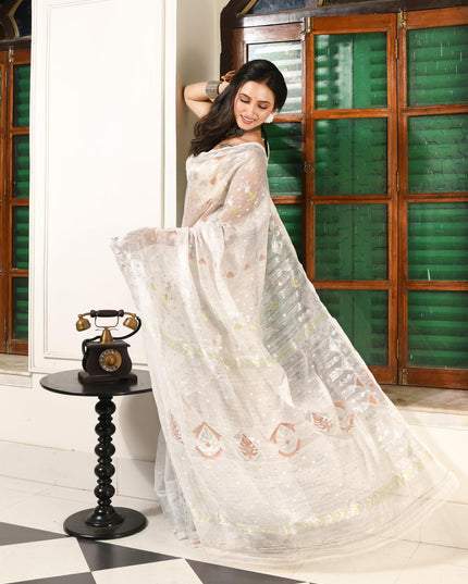 dB DESH BIDESH Women's Soft Cotton Silk Jamdani Sarees For Women for Party Festival Wedding Silk Saree GlamQueen Gold Work Design Without Blouse piece (White Saree)