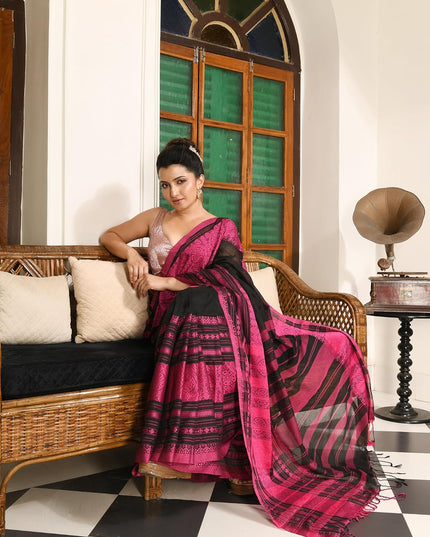 dB DESH BIDESH Women`s Cotton Linen Sarees For Women Nakshipar Design Bengal Handloom Mulmul Cotton Saree for women with unstitched Blouse Piece