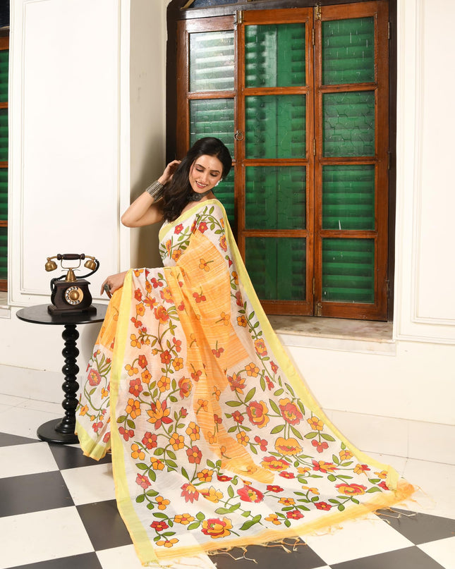 dB DESH BIDESH Women`s Cotton Saree For Woman Latest, Phoolbagan Printed Trendy Soft Cotton Silk Women Sarees with Blouse Piece (Yellow White)